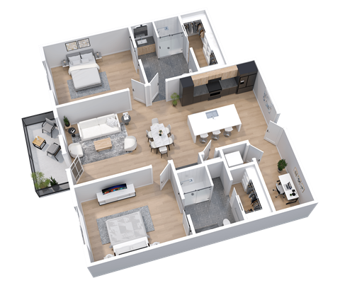 Floor plan for 2 beds, 2 baths, 1271 sqft